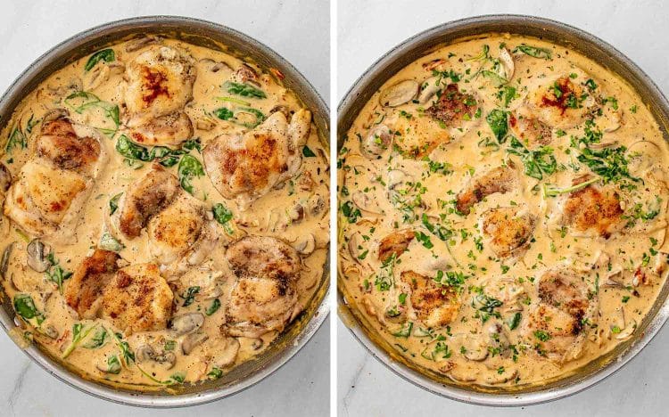 Process shots showing how to make creamy mushroom sun dried tomatoes chicken.