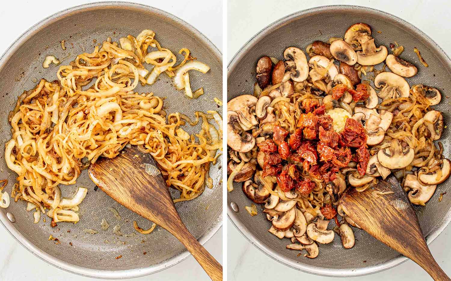 Process shots showing how to make creamy mushroom sun dried tomatoes chicken.
