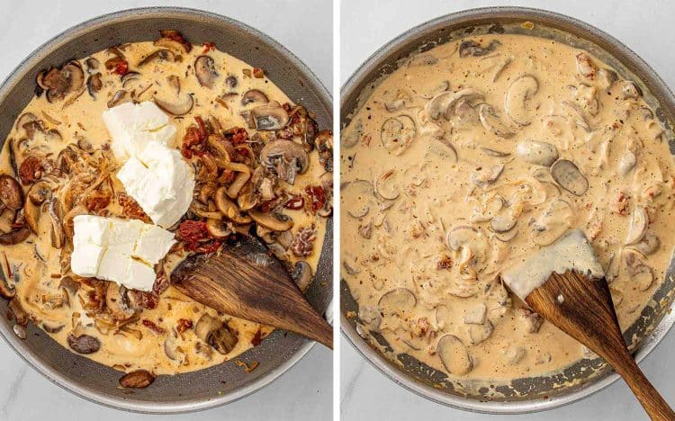 Process shots showing how to make creamy mushroom sun dried tomatoes chicken.