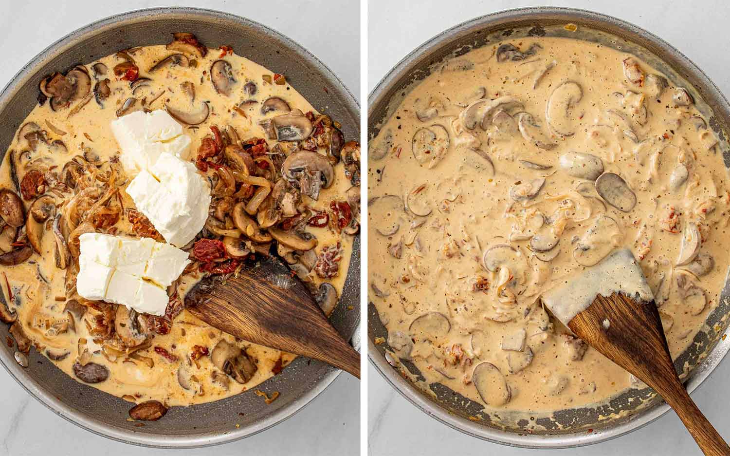 Process shots showing how to make creamy mushroom sun dried tomatoes chicken.