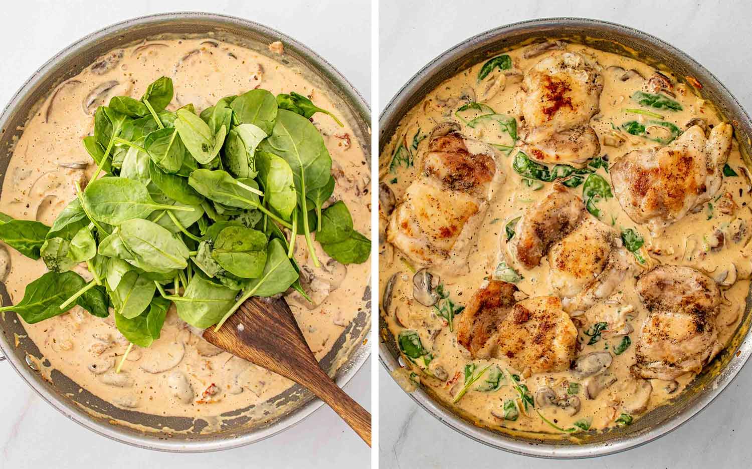 Process shots showing how to make creamy mushroom sun dried tomatoes chicken.
