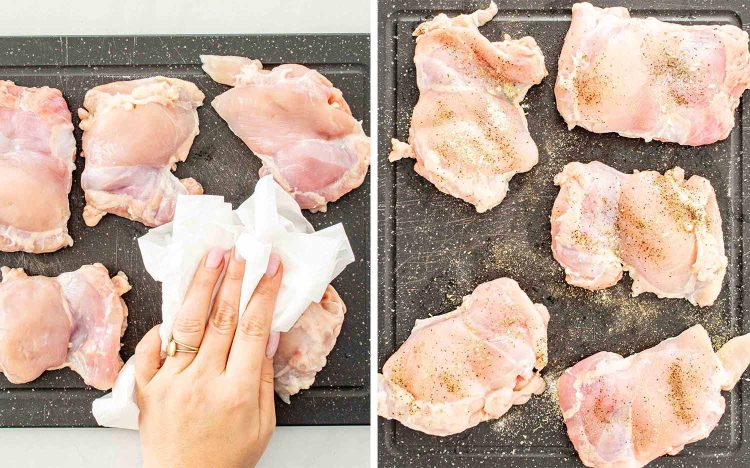 Process shots showing how to make creamy mushroom sun dried tomatoes chicken.