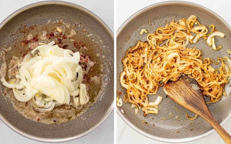 Process shots showing how to make creamy mushroom sun dried tomatoes chicken.