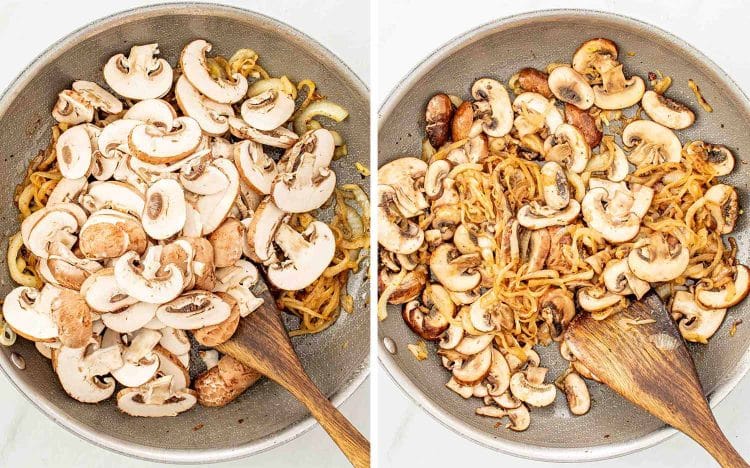 Process shots showing how to make creamy mushroom sun dried tomatoes chicken.