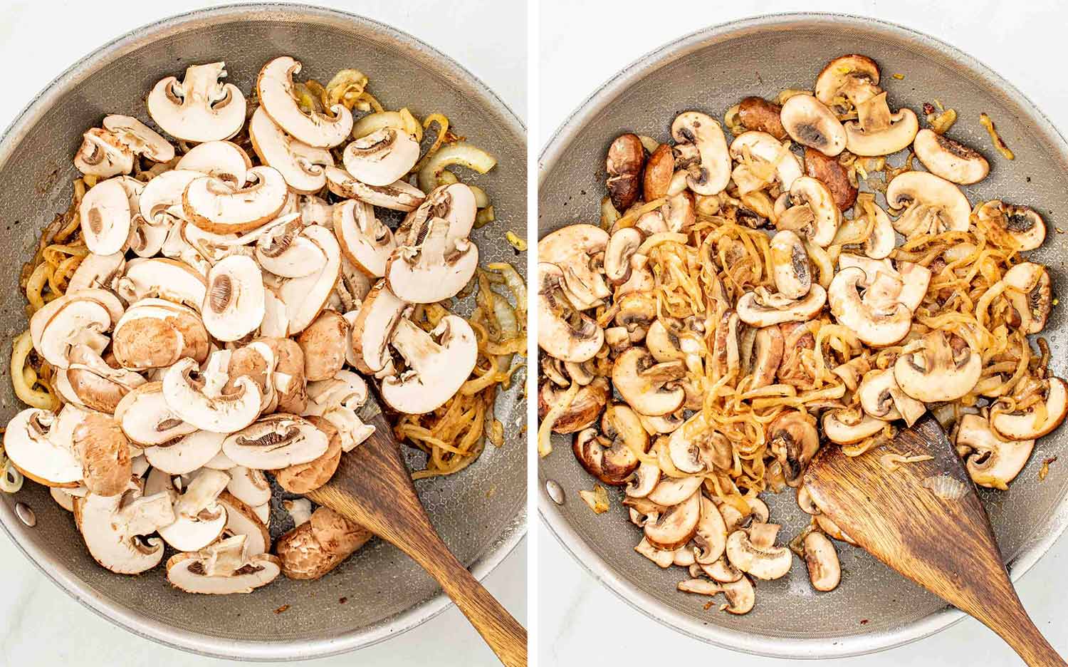 Process shots showing how to make creamy mushroom sun dried tomatoes chicken.