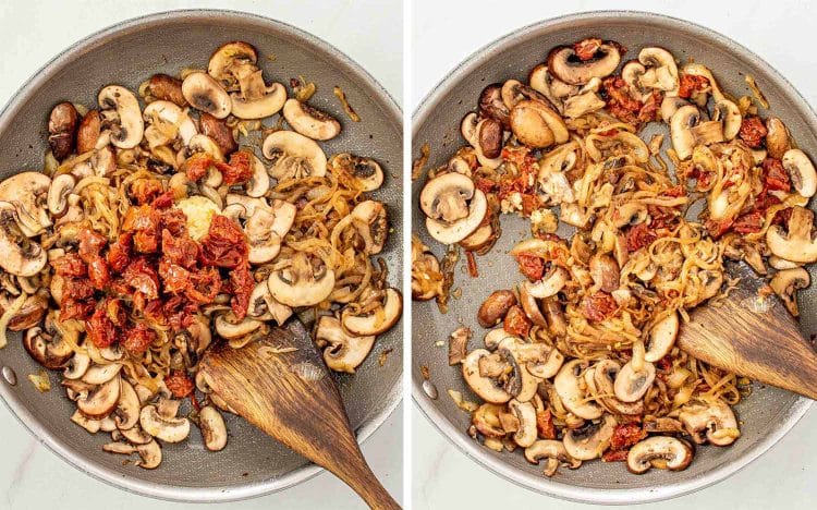 Process shots showing how to make creamy mushroom sun dried tomatoes chicken.