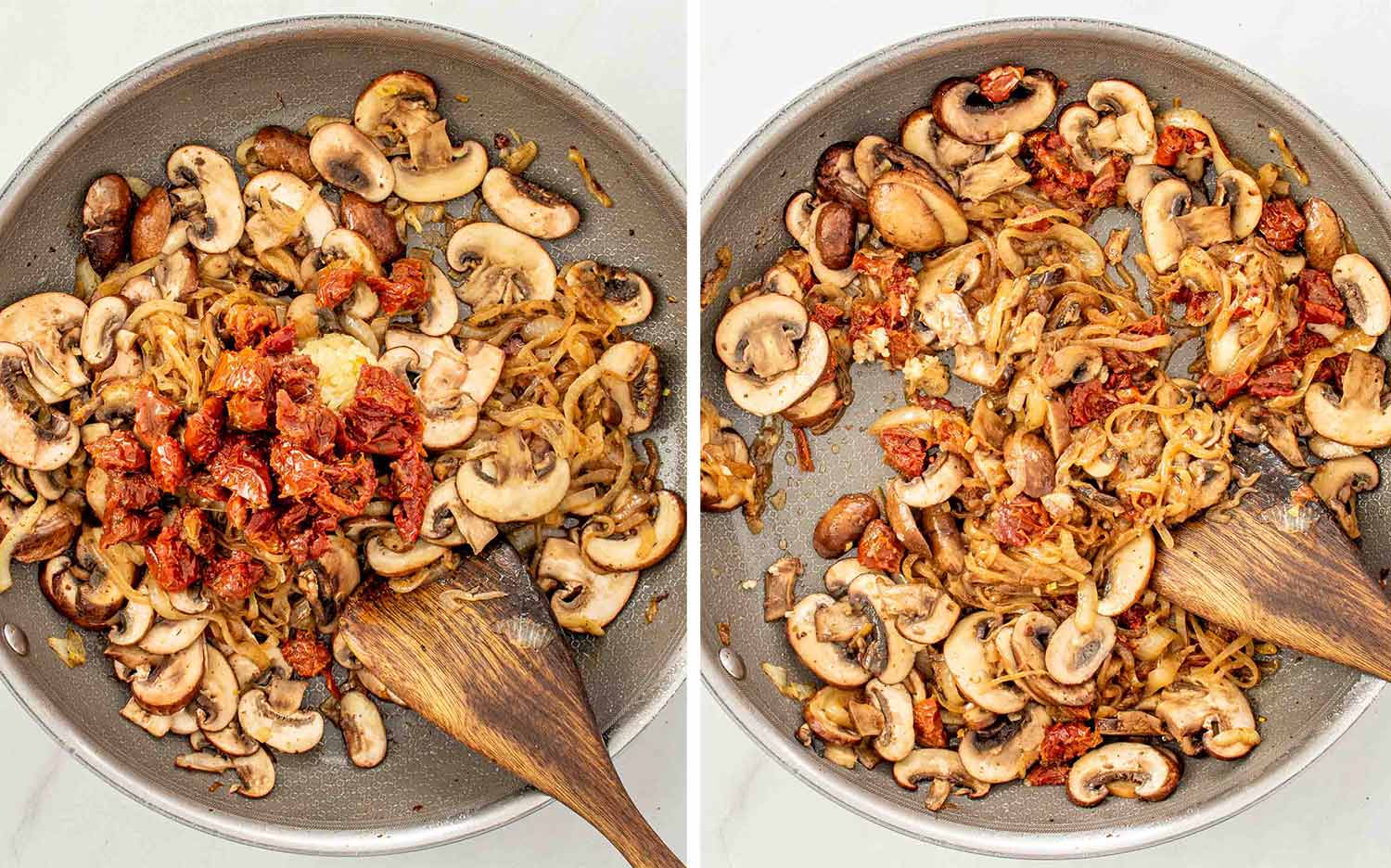 Process shots showing how to make creamy mushroom sun dried tomatoes chicken.