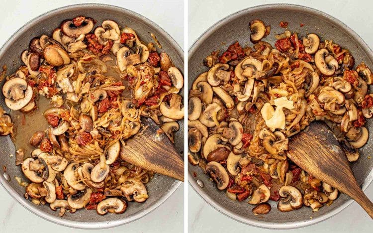 Process shots showing how to make creamy mushroom sun dried tomatoes chicken.