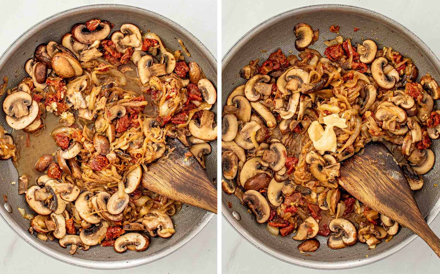 Process shots showing how to make creamy mushroom sun dried tomatoes chicken.