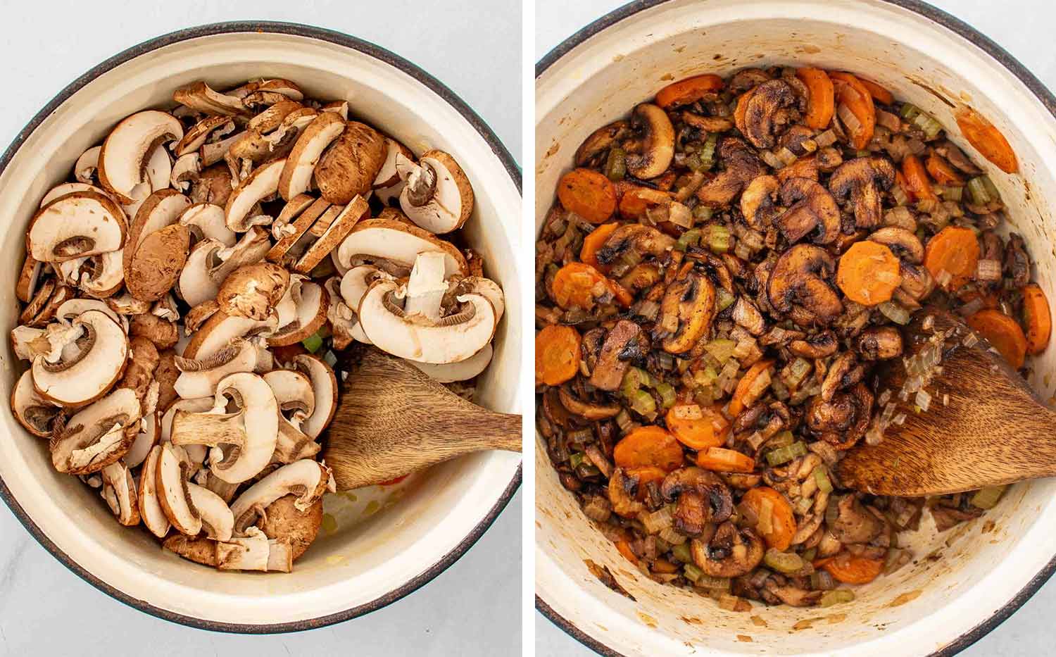 process shots showing how to make mushroom barley soup.