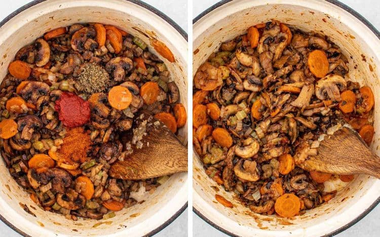 process shots showing how to make mushroom barley soup.