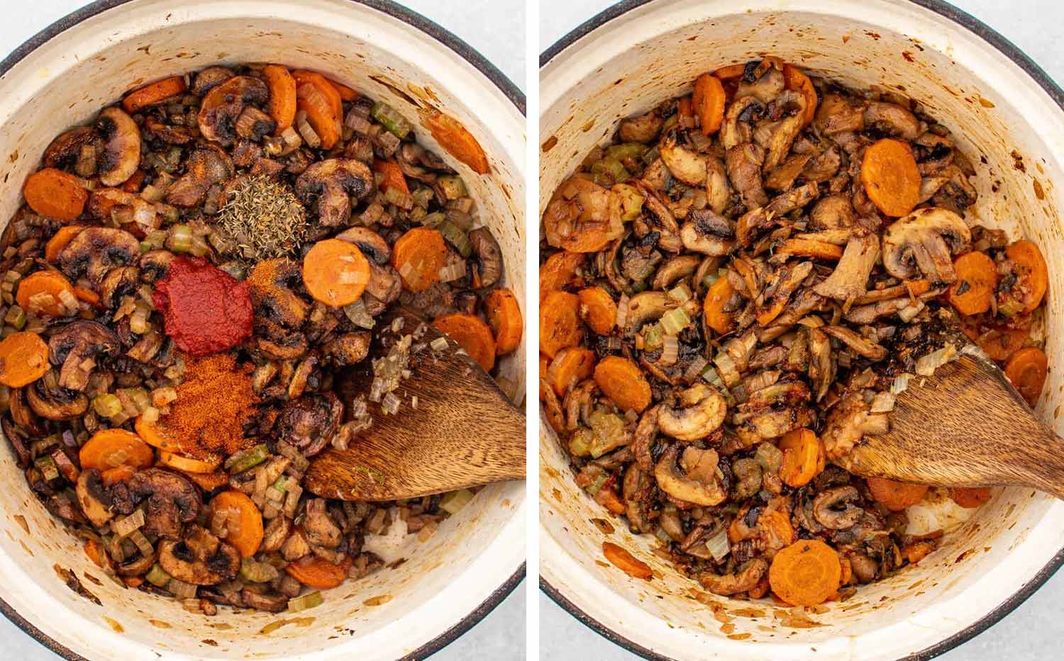 process shots showing how to make mushroom barley soup.