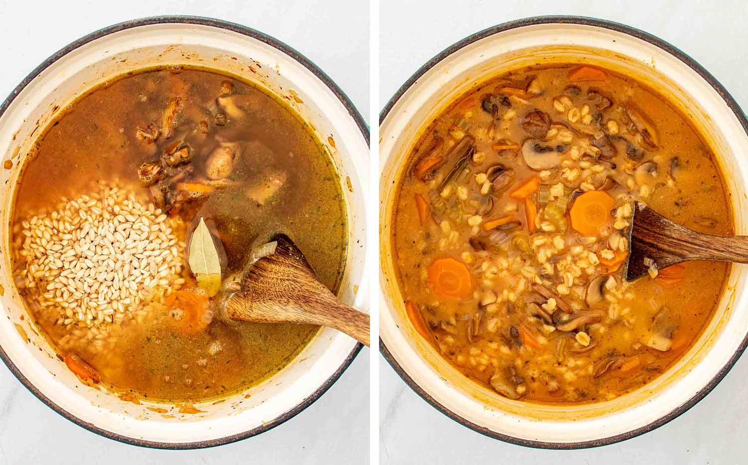 process shots showing how to make mushroom barley soup.