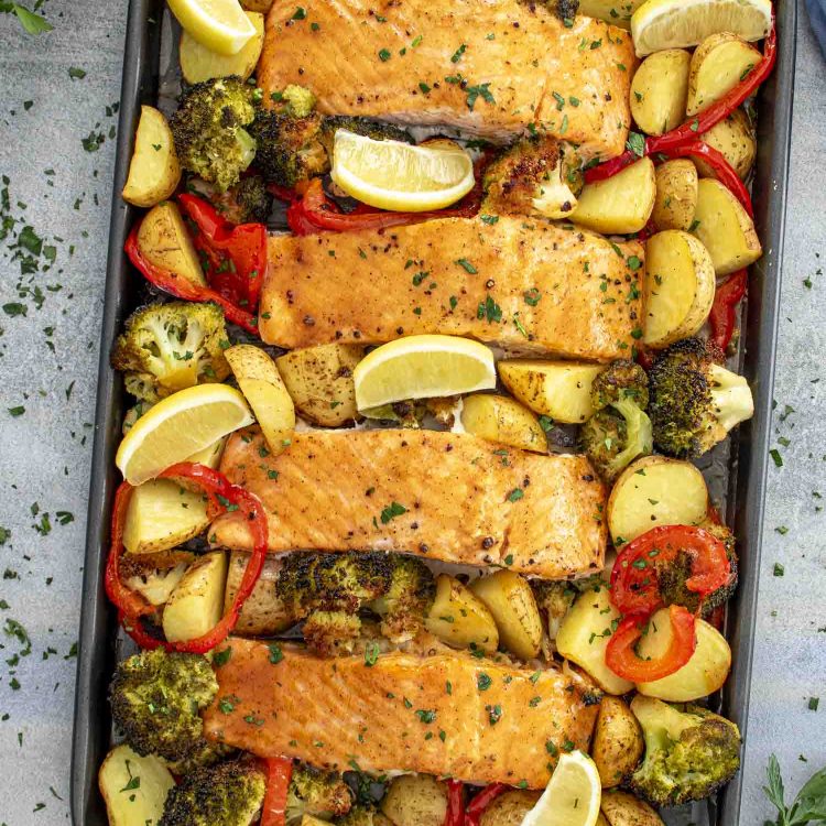 sheet pan honey butter glazed salmon with veggies.