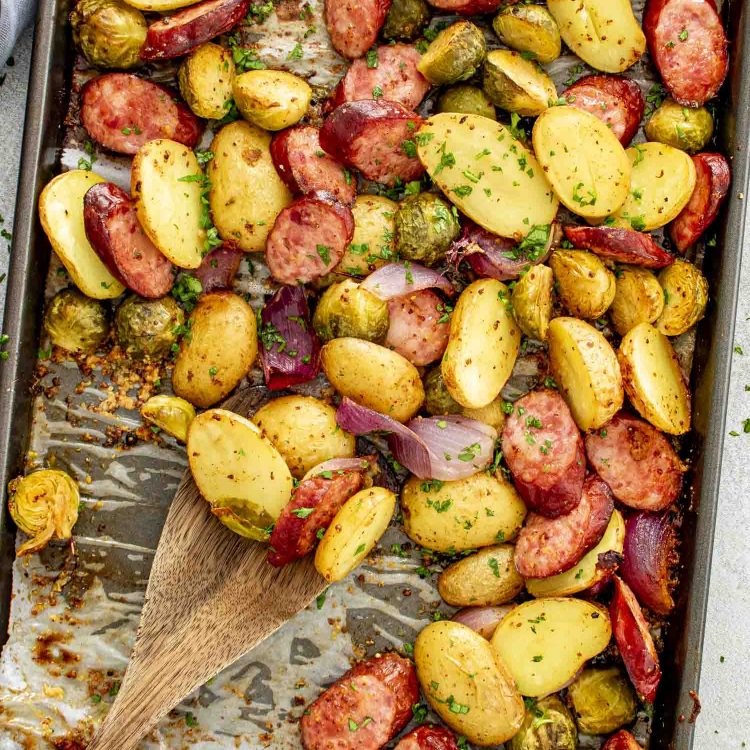 Sheet Pan Maple Mustard Sausage and Potatoes.