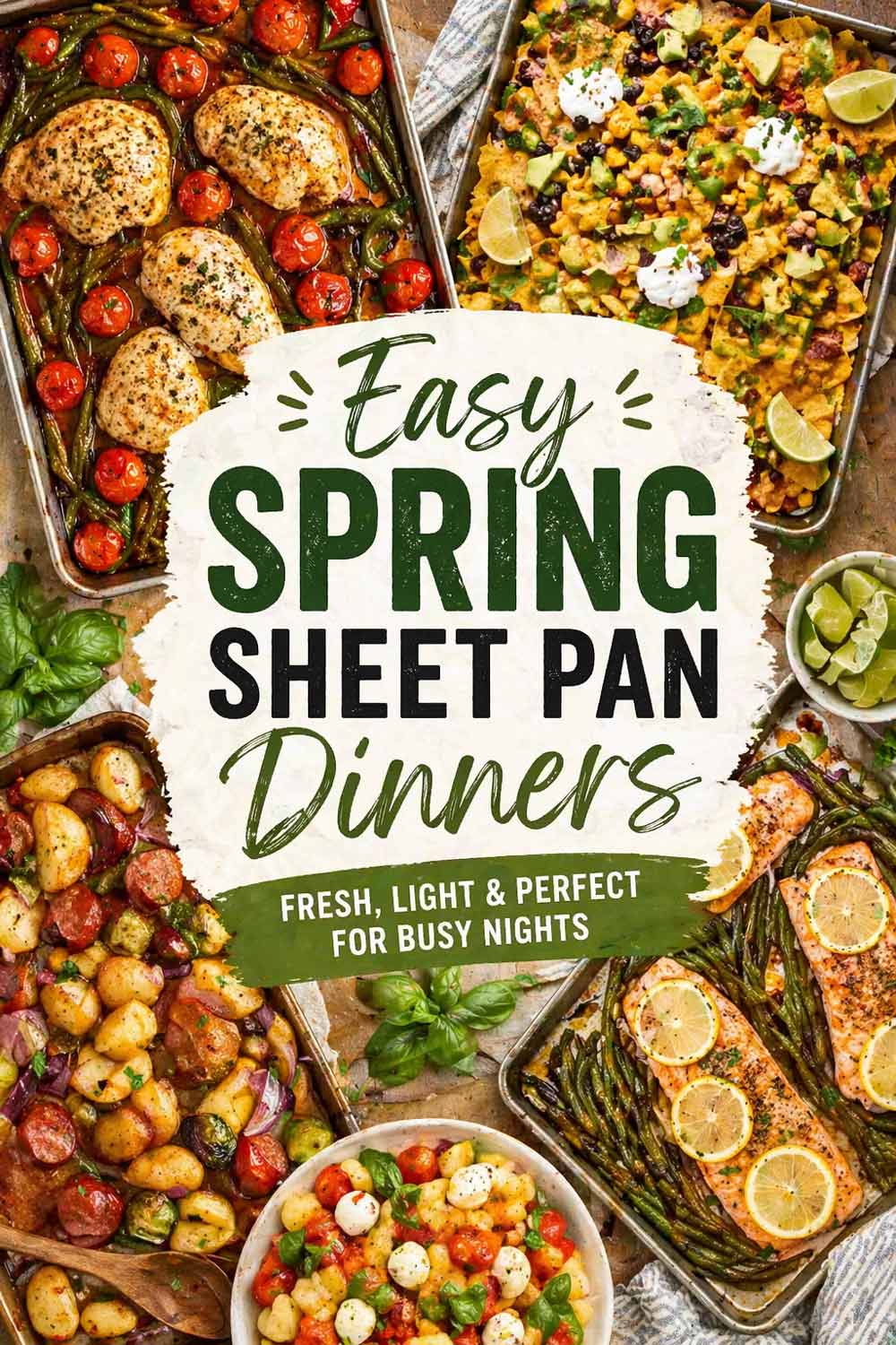 Overhead collage of easy spring sheet pan dinners including chicken, salmon, sausage, and nachos arranged on a rustic table.