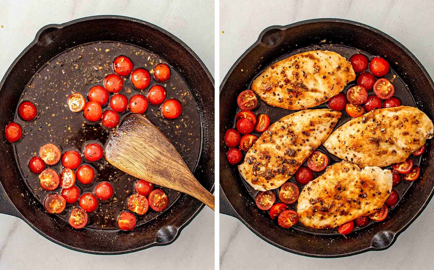 process shots showing how to make balsamic chicken.
