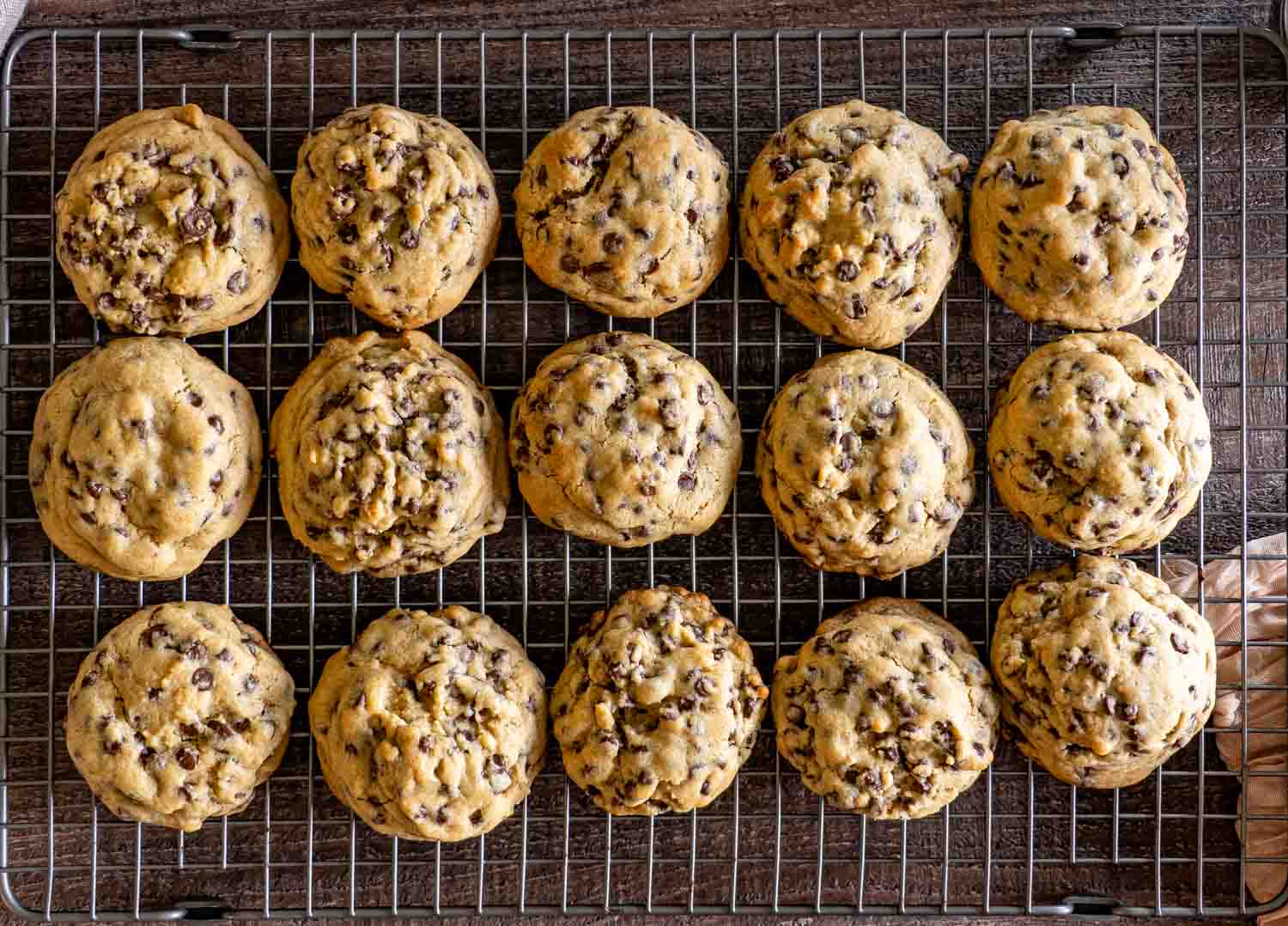 Overhead view of fifteen thick double chocolate chip cookies cooling on a wire rack on a dark wood surface, showing the golden edges and chocolate chip studded tops.