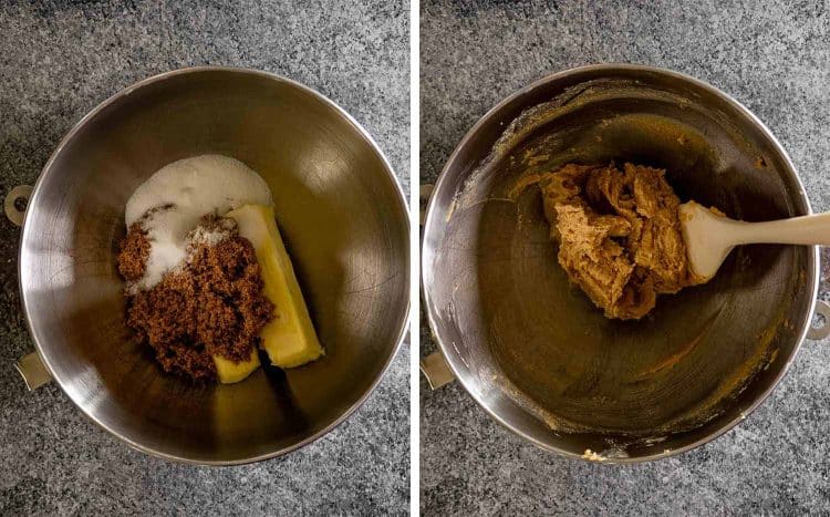 process shots showing how to make double chocolate chip cookies.