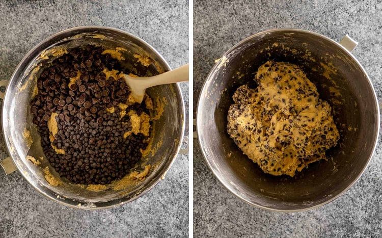 process shots showing how to make double chocolate chip cookies.