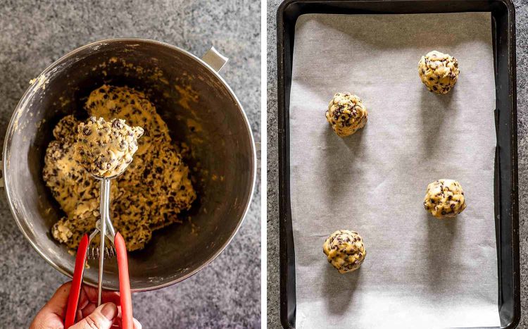 process shots showing how to make double chocolate chip cookies.