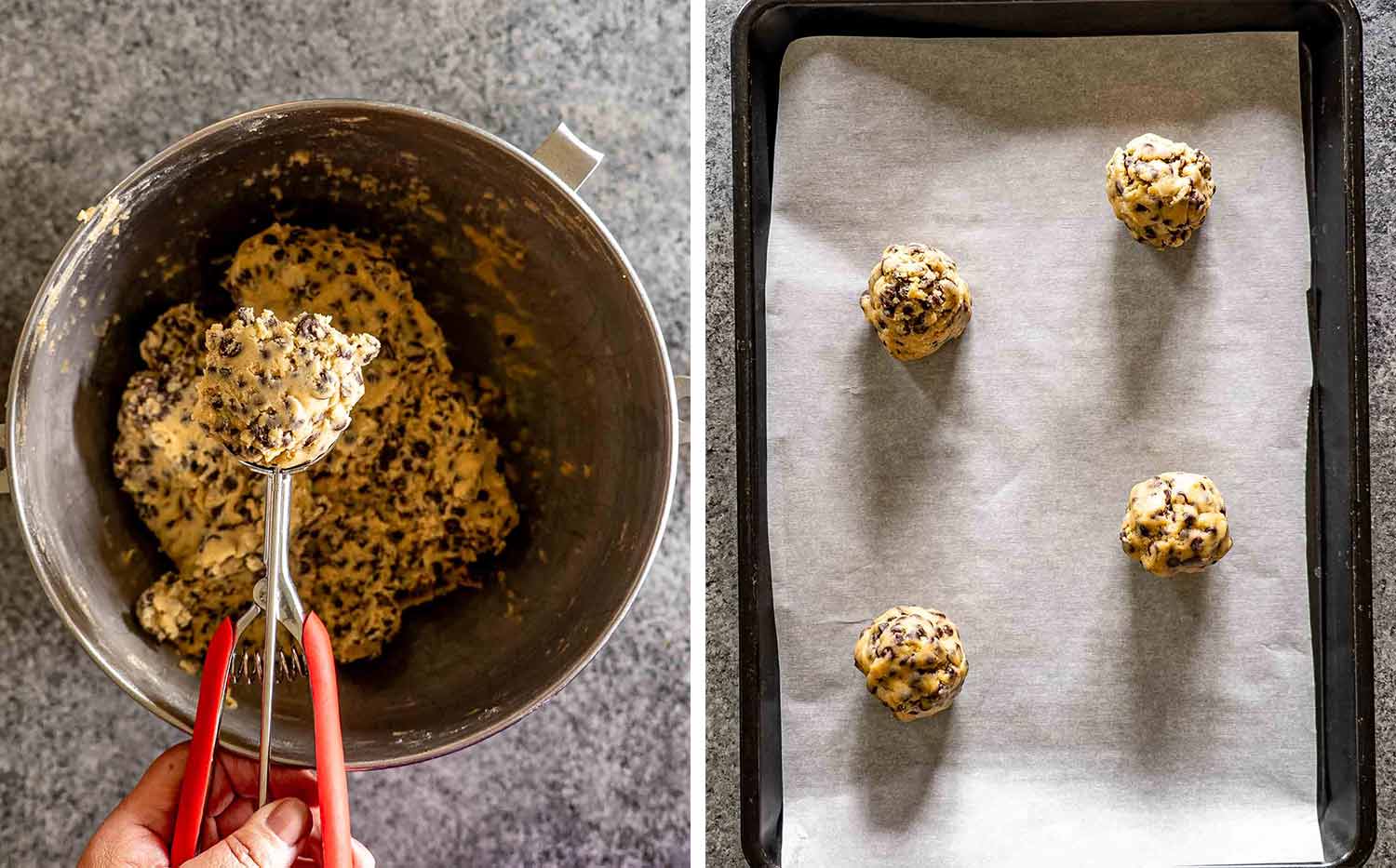 process shots showing how to make double chocolate chip cookies.