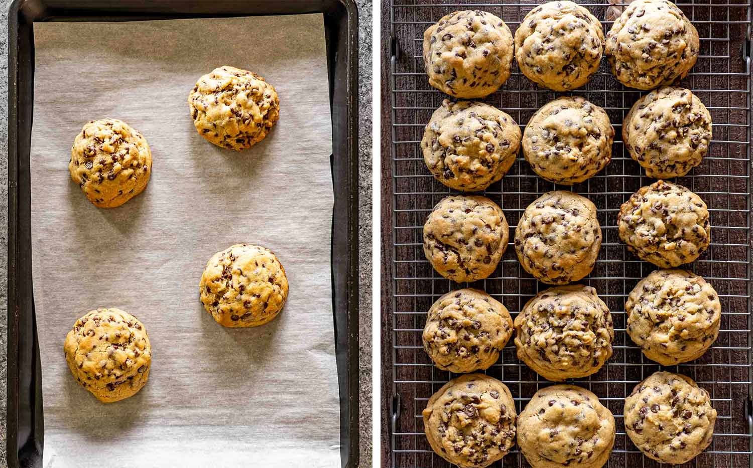 process shots showing how to make double chocolate chip cookies.