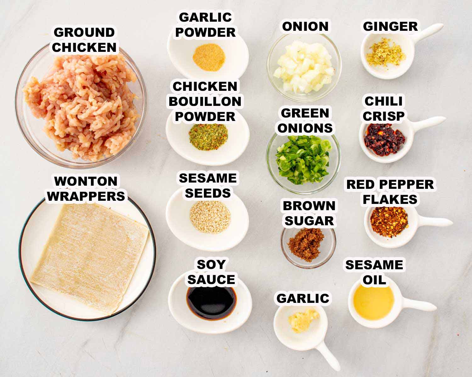 Various small bowls containing ground chicken, wonton wrappers, soy sauce, ginger, garlic, and spices labeled for easy dumpling lasagna.