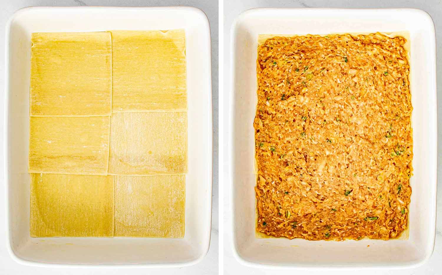 process shots showing how to make dumpling lasagna.