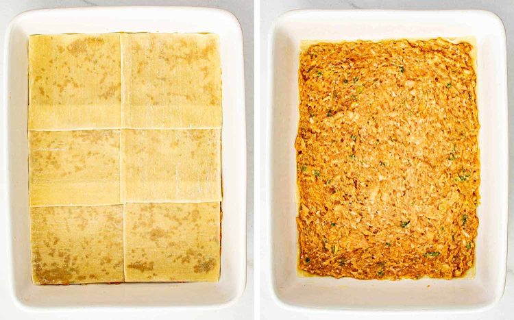 process shots showing how to make dumpling lasagna.