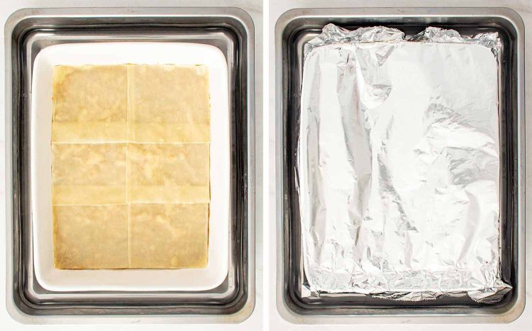 process shots showing how to make dumpling lasagna.