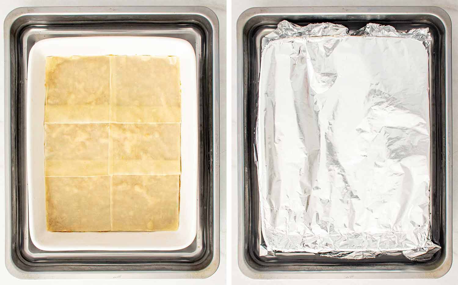 process shots showing how to make dumpling lasagna.