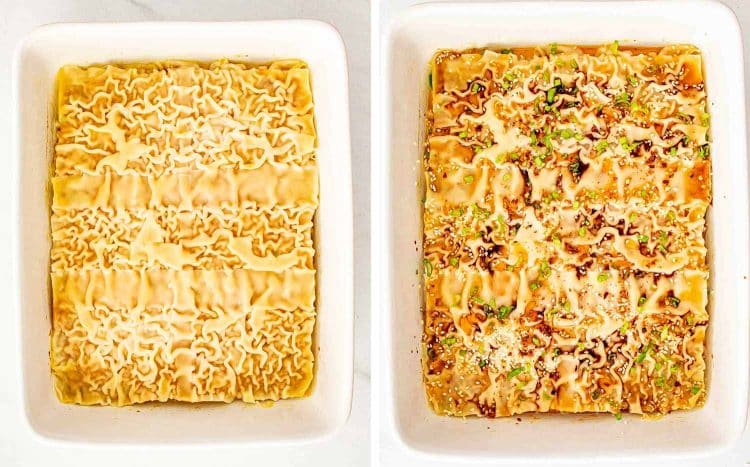process shots showing how to make dumpling lasagna.