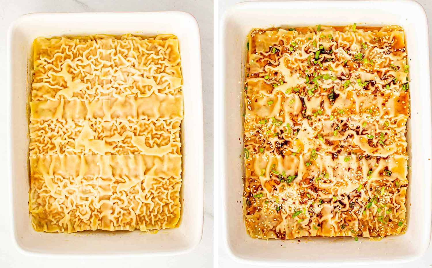 process shots showing how to make dumpling lasagna.