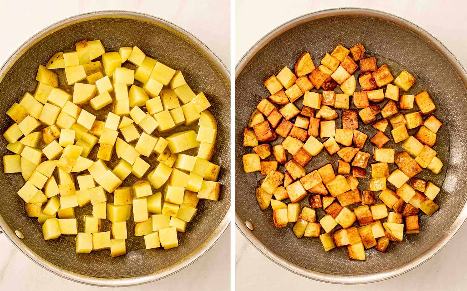 process shots showing how to make home fries.