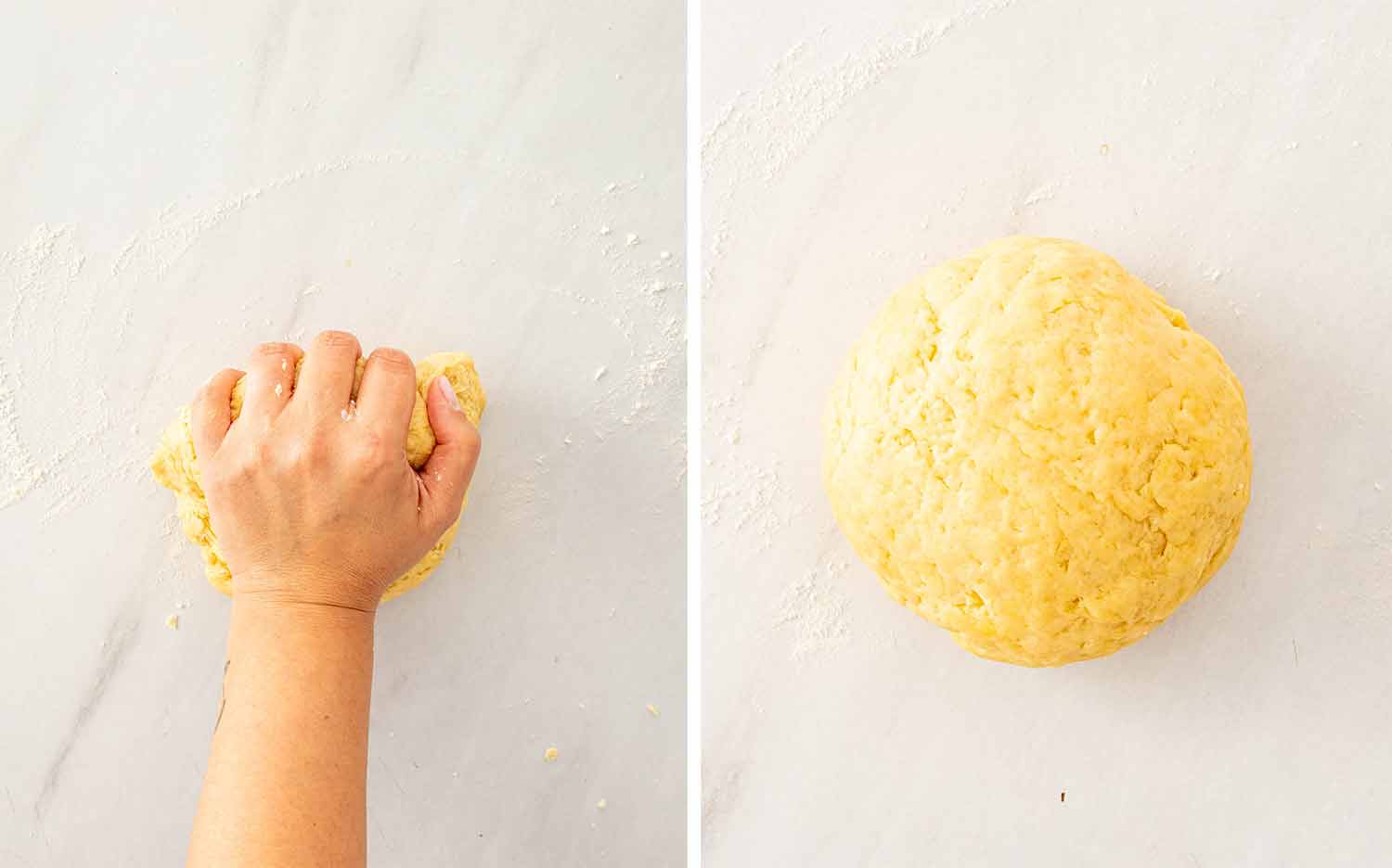 Hands kneading homemade pierogi dough on a floured marble surface then the dough formed into a smooth ball ready to rest.
