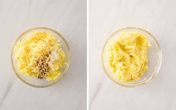 Mashed potatoes with shredded cheddar cheese salt and pepper in a glass bowl then mixed together into a smooth potato cheddar filling.