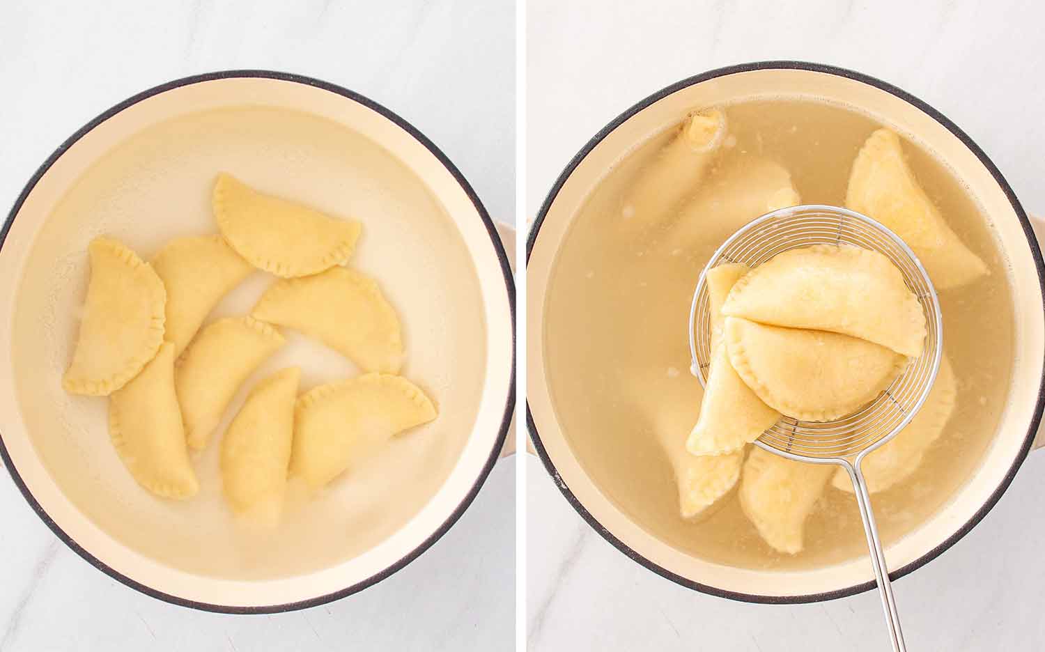 Homemade pierogi floating in boiling salted water in a cream pot then being removed with a wire skimmer.