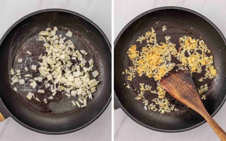 Finely chopped onion cooking in butter in a black skillet then caramelized to golden brown with a wooden spoon.