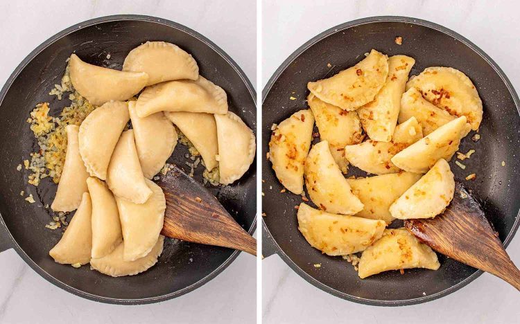 Boiled pierogi added to a skillet with caramelized onions then pan fried until golden and crispy with a wooden spoon.