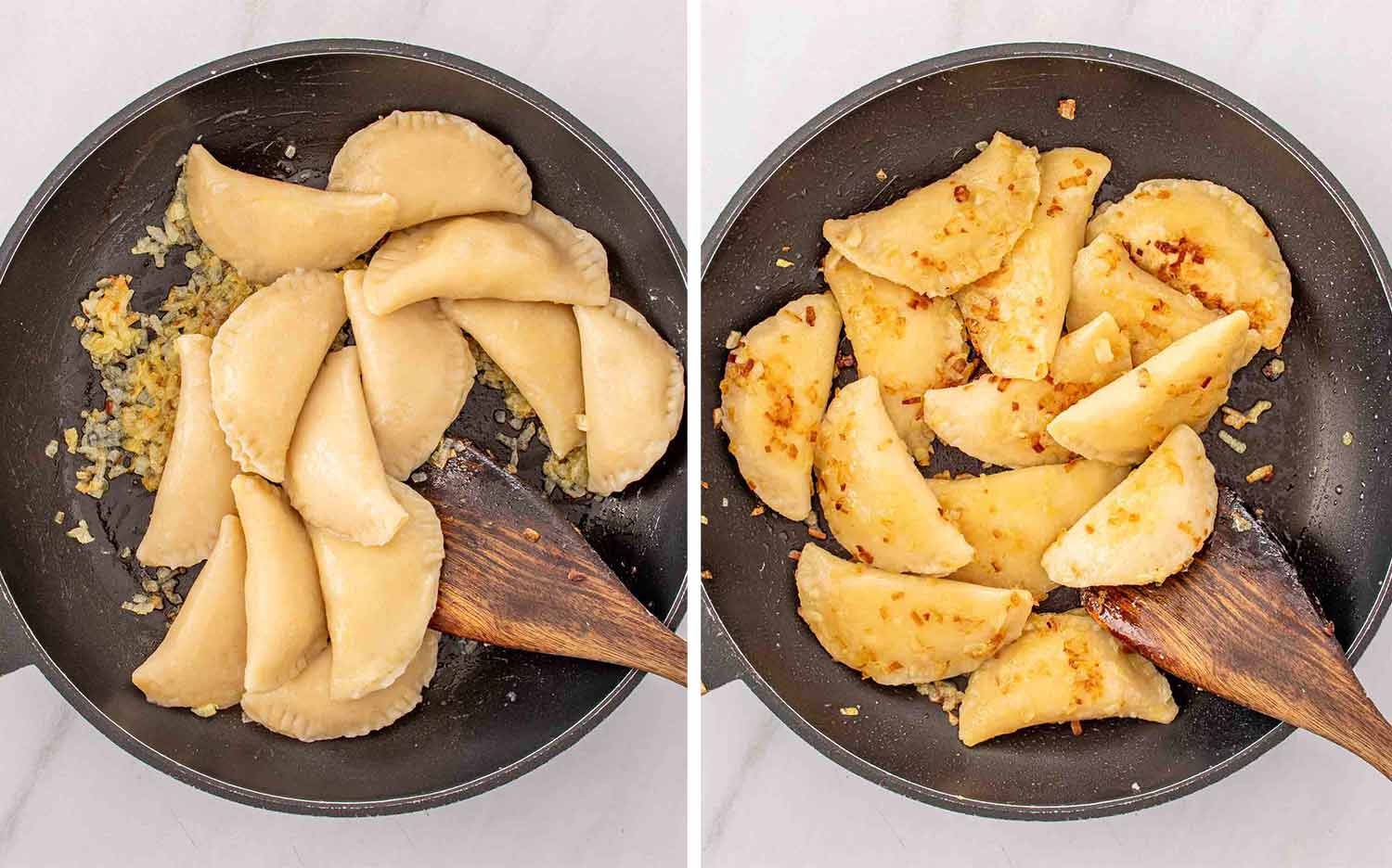 Boiled pierogi added to a skillet with caramelized onions then pan fried until golden and crispy with a wooden spoon.