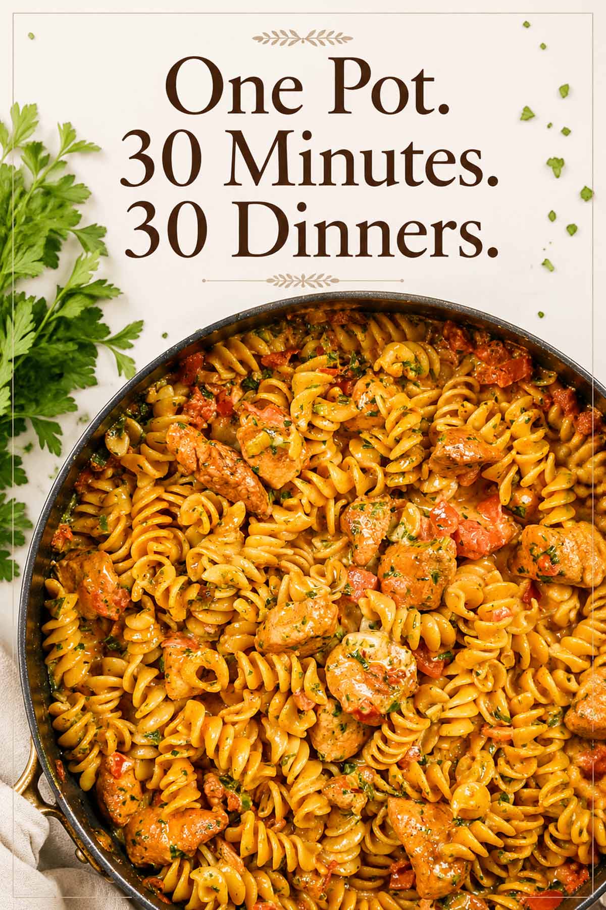 Overhead view of a skillet filled with creamy tomato chicken pasta and rotini garnished with fresh parsley, with text overlay reading One Pot 30 Minutes 30 Dinners.