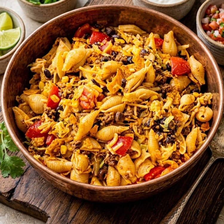 Rustic taco pasta salad in a wooden bowl topped with seasoned beef, black beans, cheese, tomatoes, and crunchy tortilla strips.