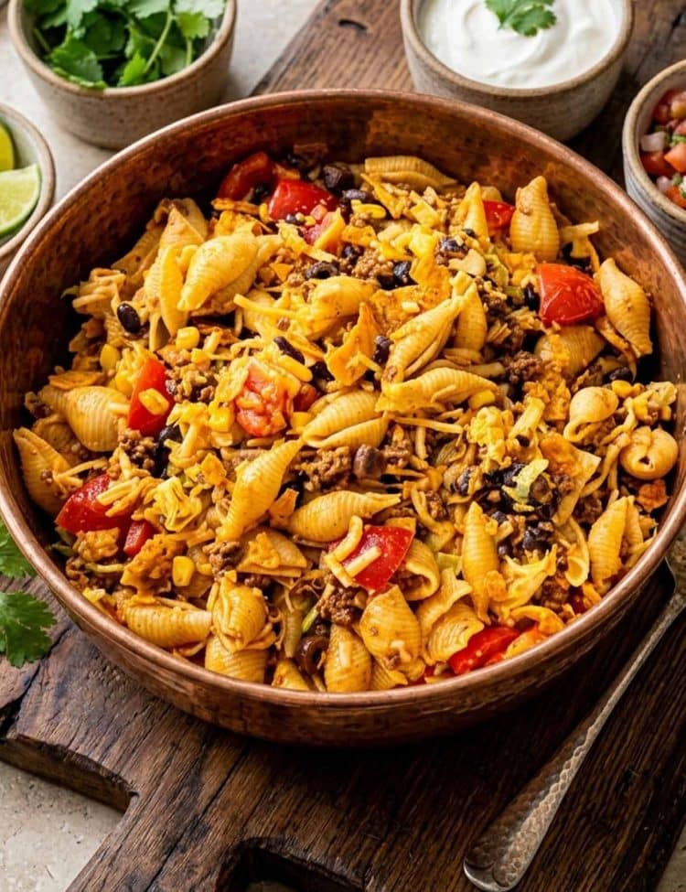 Rustic taco pasta salad in a wooden bowl topped with seasoned beef, black beans, cheese, tomatoes, and crunchy tortilla strips.