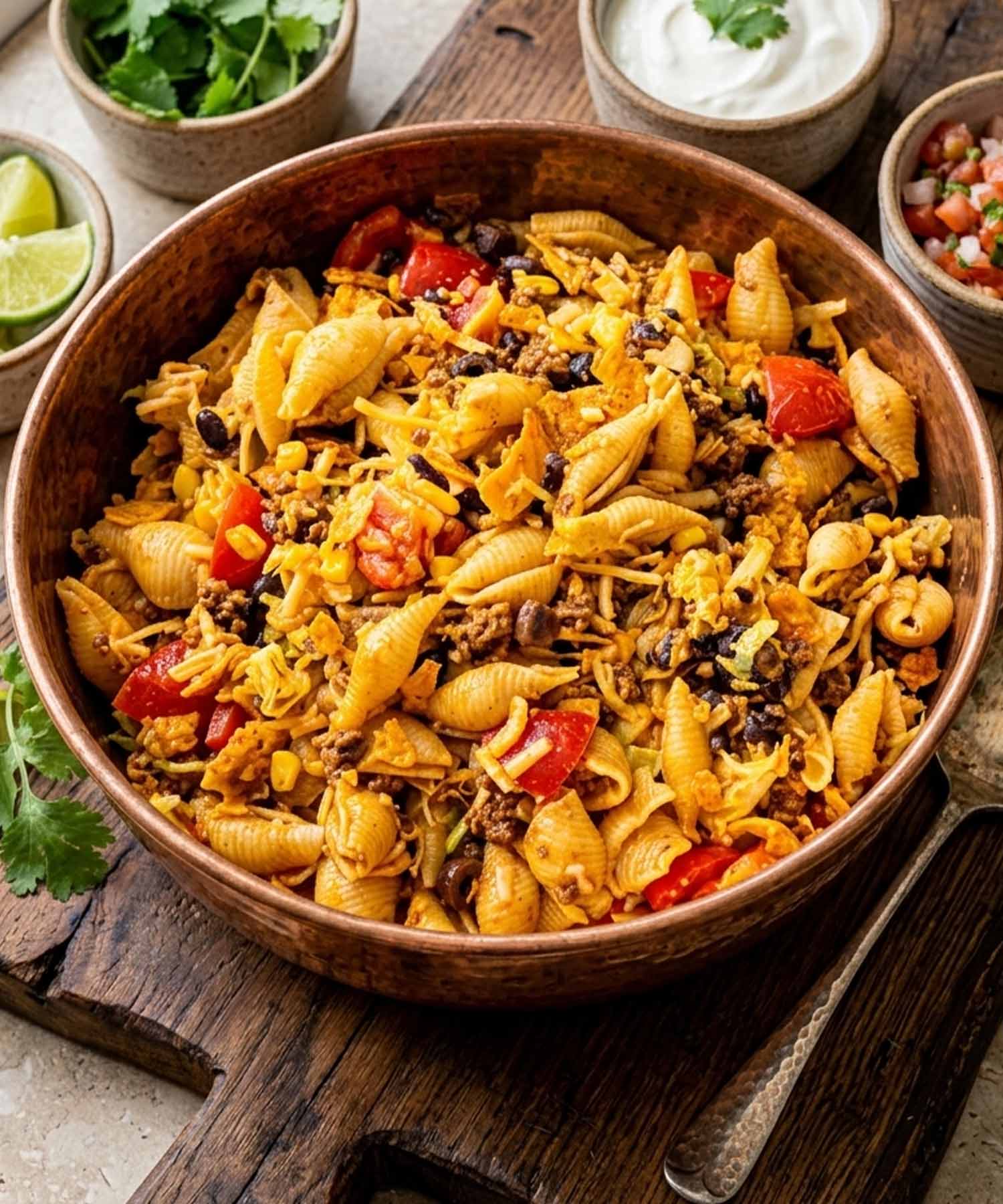 taco pasta salad in a wooden bow.