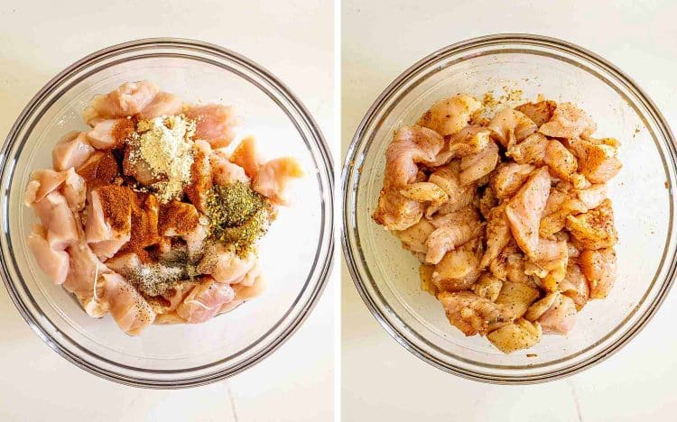 process shots showing how to make chicken with green beans and sweet potatoes.