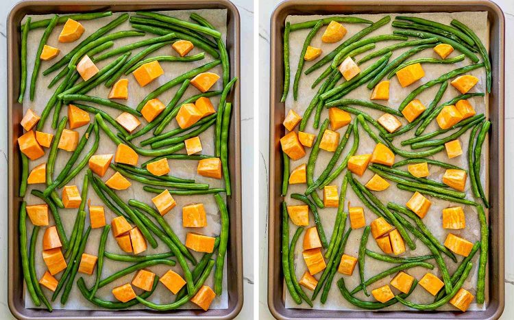 process shots showing how to make chicken with green beans and sweet potatoes.