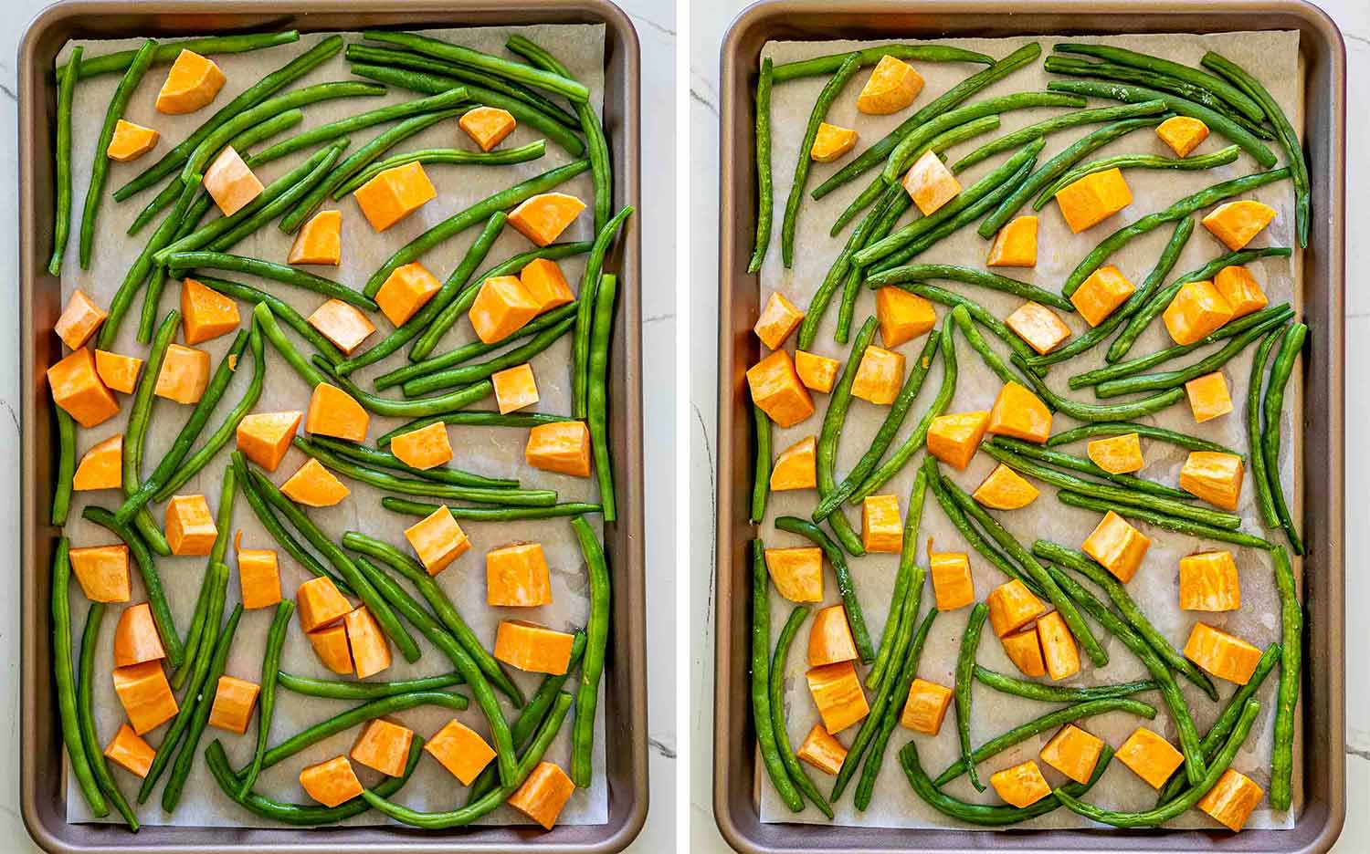 process shots showing how to make chicken with green beans and sweet potatoes.