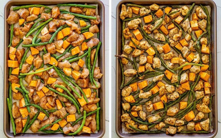 process shots showing how to make chicken with green beans and sweet potatoes.