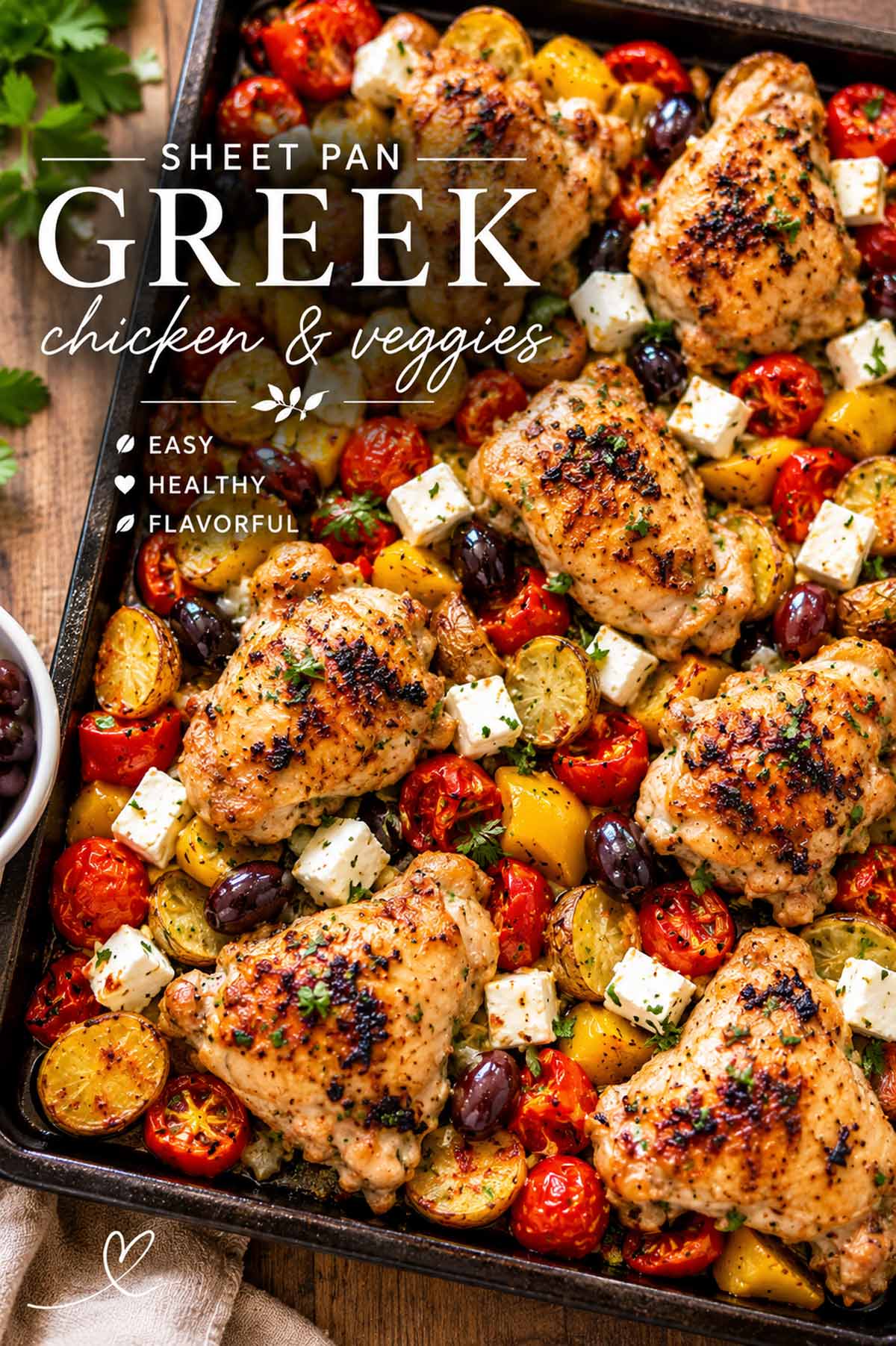 pin for greek sheet pan chicken and veggies.